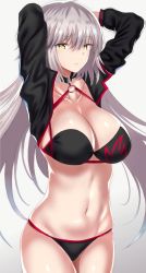 Rule 34 | 1girl, ahoge, arms behind head, bad id, bad pixiv id, bikini, black bikini, black jacket, breasts, cleavage, collarbone, commentary request, cowboy shot, fary5, fate/grand order, fate (series), hair between eyes, highres, jacket, jeanne d&#039;arc alter (swimsuit berserker) (fate), jeanne d&#039;arc (fate), jeanne d&#039;arc alter (fate), jeanne d&#039;arc alter (swimsuit berserker) (fate), large breasts, long hair, long sleeves, navel, o-ring, parted lips, shrug (clothing), simple background, solo, swimsuit, yellow eyes