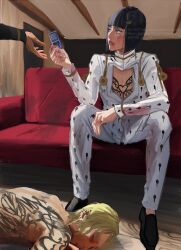 Rule 34 | 3boys, black footwear, black hair, black jacket, blonde hair, blood, blood on clothes, blood on face, blue eyes, blunt bangs, bob cut, bruno bucciarati, closed eyes, coach, commentary, english commentary, giorno giovanna, highres, holding, holding phone, indoors, jacket, jojo no kimyou na bouken, long sleeves, lying, multiple boys, on stomach, open mouth, pants, phone, short hair, sitting, srm2 poipoi, tattoo, vento aureo, watermark, white jacket, white pants, wooden floor, wooden wall