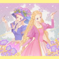 Rule 34 | 2girls, absurdly long hair, barbie (character), barbie (franchise), barbie as rapunzel, barbie movies, blonde hair, blue bow, blue dress, blue eyes, border, bow, braid, breasts, chin strap, dated, dress, flower, flower hat, formal, gold trim, gown, hand up, hat, highres, holding, holding paintbrush, jewelry, large bow, large hat, long hair, long sleeves, magic, morning glory, multicolored background, multiple braids, multiple girls, necklace, okitafuji, paintbrush, pale skin, pink dress, princess, puffy sleeves, purple dress, purple skirt, rapunzel, rapunzel (barbie), red lips, skirt, sparkle, square neckline, transformation, very long hair, victorian, white bow