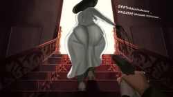 1boy 1girl alcina_dimitrescu ass black_hair breasts dress endremora ethan_winters from_behind from_below gun hat high_heels huge_ass huge_breasts pale_skin pantylines pov resident_evil resident_evil_village staircase stairs sun_hat weapon white_dress