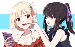Rule 34 | 2girls, bare shoulders, black shirt, blonde hair, bob cut, cellphone, collarbone, finger to another&#039;s cheek, hair ribbon, holding, holding phone, hyoe (hachiechi), inoue takina, looking at another, lycoris recoil, multiple girls, nishikigi chisato, open mouth, phone, ponytail, purple eyes, purple nails, purple ribbon, red eyes, red shirt, ribbon, shirt, short hair, sidelocks, smartphone, upper body, v-shaped eyebrows, yuri