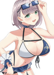 Rule 34 | 1girl, absurdres, beach, bikini, blush, braid, breasts, cleavage, green eyes, grey hair, hair ornament, highres, hololive, large breasts, looking at viewer, mole, mole on breast, navel, open mouth, shirogane noel, shirogane noel (summer 2020), simple background, solo, swimsuit, virtual youtuber