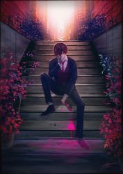 Rule 34 | 1boy, bad id, bad twitter id, bottle, broken glass, business suit, commentary request, day, flower, formal, full body, glass, highres, krw iu000, looking at viewer, male focus, necktie, original, outdoors, red necktie, solo, stairs, stairwell, straight-on, suit, wine bottle