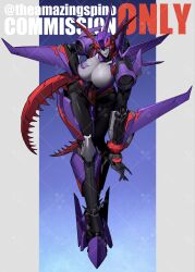 Rule 34 | 1girl, blue eyes, breasts, cleavage, commission, decepticon, hand on own hip, head tilt, highres, kamitoge supino, large breasts, long legs, looking at viewer, original, parted lips, science fiction, smile, solo, spikes, transformers, watermark
