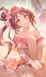 Rule 34 | 1girl, absurdres, animal ears, arknights, bare shoulders, bikini, cowboy shot, eyjafjalla (arknights), eyjafjalla (summer flower) (arknights), happy birthday, highres, horns, long hair, looking at viewer, off-shoulder bikini, off shoulder, official alternate costume, parted lips, pink bikini, sheep ears, sheep horns, short sleeves, side ponytail, smile, solo, swimsuit, swimsuit cover-up, uza