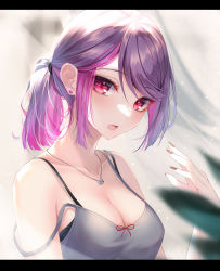 Rule 34 | 1girl, absurdres, blush, breasts, cleavage, collarbone, ear piercing, gundou mirei, hand up, highres, jewelry, large breasts, letterboxed, looking at viewer, looking to the side, medium hair, necklace, nijisanji, open mouth, piercing, purple eyes, purple hair, rai (newtype xm-x1), solo, upper body, virtual youtuber