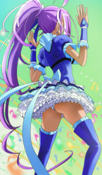 Rule 34 | 10s, 1girl, ass, beamed quavers, boots, cure beat, earrings, from behind, haruyama kazunori, jewelry, kurokawa eren, long hair, looking away, magical girl, musical note, ponytail, precure, purple hair, quaver, seiren (suite precure), solo, suite precure, thigh boots, thighhighs, upskirt, very long hair