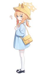 Rule 34 | 1girl, ?, absurdres, animal ear headwear, bag, black footwear, blue archive, blue eyes, blush, closed mouth, fake animal ears, full body, halo, hat, highres, kindergarten uniform, long hair, long sleeves, looking at viewer, mari (blue archive), nonddu, orange hair, school hat, shoes, shoulder bag, simple background, solo, thighhighs, white background, white thighhighs, yellow halo, yellow hat