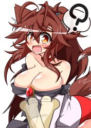 Rule 34 | 1girl, ?, absurdres, animal ears, bare shoulders, bone, breasts, brooch, brown eyes, brown hair, cleavage, collarbone, fang, highres, imaizumi kagerou, jewelry, large breasts, long sleeves, looking at viewer, off shoulder, open mouth, ponytail, rindou (p41neko), shirt, sitting, skirt, solo, spoken question mark, tail, touhou, v arms, werewolf, wide sleeves, wolf ears, wolf tail