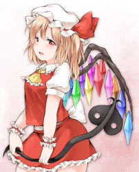 Rule 34 | 1girl, :d, ascot, beige background, blonde hair, blush, bow, breasts, commentary request, contrapposto, cowboy shot, crystal, fang, flandre scarlet, frilled shirt collar, frills, gradient background, half-closed eyes, hat, hat bow, highres, holding, holding polearm, holding weapon, laevatein (touhou), looking at viewer, mob cap, nanana (chicken union), one side up, open mouth, petticoat, polearm, puffy short sleeves, puffy sleeves, red bow, red eyes, red skirt, red vest, short hair, short sleeves, sideways glance, simple background, skirt, small breasts, smile, solo, touhou, vest, weapon, white hat, wings, wrist cuffs, yellow ascot