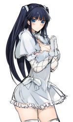 Rule 34 | 1girl, black hair, blue eyes, breasts, cleavage, gloves, large breasts, long hair, pupps, solo, thighhighs, thighs, white thighhighs
