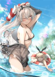 Rule 34 | 2girls, amatsukaze (kancolle), bikini, blue sky, breasts, brown dress, brown eyes, cleavage, cloud, commentary request, day, dress, grey bikini, grey jacket, hair tubes, hat, jacket, kantai collection, lifebuoy, long hair, medium breasts, mini hat, multiple girls, one eye closed, open clothes, open dress, outdoors, partially submerged, partially underwater shot, sailor collar, shimakaze (kancolle), short dress, sky, smokestack hair ornament, soaking feet, solo focus, swim ring, swimming, swimsuit, tororo ten, two side up, underwater, wading, white hair, white sailor collar