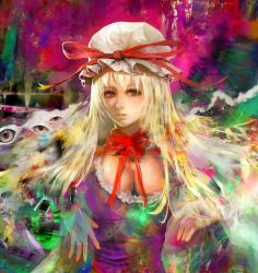 Rule 34 | 1girl, alternate eye color, blonde hair, blue eyes, breasts, brown eyes, choker, cleavage, colorful, commentary request, dress, gradient eyes, hat, hat ribbon, huge breasts, lips, long hair, looking at viewer, lowres, mob cap, multicolored background, multicolored eyes, nose, parted lips, psychedelic, purple dress, ribbon, ribbon choker, solo, surreal, taut clothes, taut dress, touhou, uedajyoko, upper body, yakumo yukari