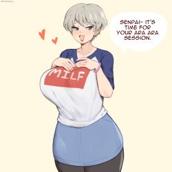 Rule 34 | 1girl, :d, aged up, ara ara, artist name, black pantyhose, blue eyes, blue shirt, blue skirt, blush, bracelet, breasts, clothes writing, collarbone, commentary, cowboy shot, denim, denim skirt, english commentary, english text, fang, grey hair, highres, huge breasts, jewelry, looking to the side, mature female, multicolored shirt, open mouth, pantyhose, romaji text, shirt, short hair, simple background, skin fang, skirt, sky guy art, smile, solo, speech bubble, standing, uzaki-chan wa asobitai!, uzaki hana, white shirt