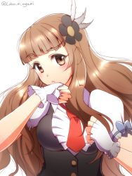 Rule 34 | 10s, 1girl, blue bow, bow, brown eyes, brown hair, eyebrows, feather hair ornament, feathers, fingerless gloves, flower, gloves, hair flower, hair ornament, idolmaster, idolmaster cinderella girls, kamiya nao, long hair, looking at viewer, necktie, ookami maito, red necktie, short necktie, simple background, solo, twitter username, upper body, white background, white gloves