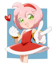 Rule 34 | 1girl, amy rose, bracelet, dress, gloves, green eyes, hairband, heart, highres, humanization, jewelry, omiya599, pink hair, red dress, short hair, smile, solo, sonic (series), v