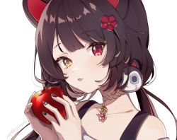 Rule 34 | 1girl, animal ears, apple, bare shoulders, black hair, black nails, brown eyes, captain yue, collarbone, dog ears, dog hair ornament, flower, food, fruit, hair flower, hair ornament, hands up, heterochromia, holding, holding food, inui toko, long hair, low twintails, nail art, nail polish, nijisanji, off-shoulder shirt, off shoulder, red apple, red eyes, red flower, shirt, simple background, solo, twintails, virtual youtuber, white background, white shirt