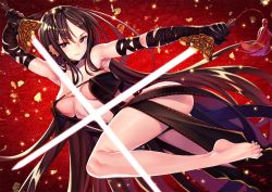 Rule 34 | bare shoulders, barefoot, black dress, black gloves, breasts, brown hair, center opening, choker, dress, dual wielding, earrings, fate/grand order, fate (series), feet, gloves, hip focus, holding, jewelry, legs, long hair, looking at viewer, matsuryuu, medium breasts, parted lips, red background, red eyes, revealing clothes, solo, strapless, strapless dress, sword, tassel, thighs, toes, very long hair, weapon, yu mei-ren (fate)