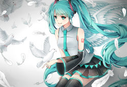 Rule 34 | 1girl, aqua eyes, aqua hair, bird, copyright name, detached sleeves, dove, feathers, hatsune miku, ling (vivianling), long hair, necktie, skirt, solo, thighhighs, twintails, very long hair, vocaloid