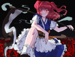 Rule 34 | 1girl, black footwear, blue dress, coin, commentary, dress, flower, ghost, hair bobbles, hair ornament, highres, holding, holding scythe, looking at viewer, mont blanca, okobo, onozuka komachi, red eyes, red flower, red hair, sandals, sash, scythe, short hair, short sleeves, sketch, smile, socks, solo, spider lily, touhou, two side up, white socks