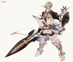 Rule 34 | 1boy, abs, absurdres, armor, belt, boots, closed mouth, fingerless gloves, full body, gauntlets, gloves, grey background, grey hair, hand up, highres, holding, holding weapon, horns, kotatsu (g-rough), legs apart, looking at viewer, male focus, original, pointy ears, polearm, red eyes, shield, signature, single horn, solo, spear, spikes, standing, thigh boots, thighhighs, weapon