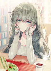 Rule 34 | 1girl, blurry, blurry background, blush, book, bookshelf, cecilia (shiro seijo to kuro bokushi), chair, closed mouth, commentary request, cup, depth of field, drink, food, fringe trim, green eyes, green hair, hair between eyes, head in hand, head rest, indoors, kazutake hazano, long hair, long sleeves, looking at viewer, mug, on chair, plaid, plate, sandwich, shiro seijo to kuro bokushi, shirt, sitting, sleeves past wrists, smile, solo, white shirt