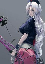 Rule 34 | 1girl, absurdres, bow (weapon), breasts, commentary request, compound bow, contemporary, expressionless, grey background, grey hair, hat, highres, holding, holding bow (weapon), holding weapon, large breasts, long braid, long hair, looking at viewer, looking to the side, nurse cap, puffy short sleeves, puffy sleeves, short sleeves, signature, simple background, solo, touhou, two-tone shirt, two-tone skirt, very long hair, weapon, wrist cuffs, yagokoro eirin, yagoro kusuriya