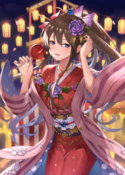Rule 34 | 1girl, alternate costume, arms up, blue eyes, blue flower, blue rose, bow, brown hair, candy apple, commentary, contrapposto, cowboy shot, drum, festival, flower, food, gem, granblue fantasy, hair between eyes, hair bow, hair flower, hair ornament, hair stick, hand in own hair, haori, head tilt, highres, holding, holding food, instrument, japanese clothes, jewelry, kimono, lantern, long hair, long sleeves, looking at viewer, necklace, night, obi, off shoulder, outdoors, paper lantern, parted lips, petals, ponytail, purple flower, purple rose, red gemstone, rose, rosetta (granblue fantasy), rosetta (rosebud blush kimono) (granblue fantasy), sash, solo, stage, standing, taiko drum, very long hair, wide sleeves, yukata, ziko