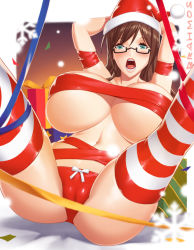 Rule 34 | 1girl, arms up, bdsm, blue eyes, blush, bondage, bound, breasts, brown hair, cameltoe, glasses, hat, highres, huge breasts, legs, long hair, looking at viewer, oda joe, open mouth, original, ribbon, ribbon bondage, santa hat, solo, spread legs, striped clothes, striped thighhighs, thighhighs, thighs