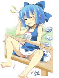 Rule 34 | 10s, 1girl, 2016, artist name, barefoot, blue bow, blue dress, blue hair, blush, bow, brain freeze, cirno, closed eyes, collarbone, dated, dress, food, hair between eyes, hair bow, ice, ice wings, irony, panties, pantyshot, shaved ice, shimouki izui, short hair, sitting, sleeveless, solo, spoon, tears, touhou, underwear, utensil in mouth, wavy mouth, white panties, wings