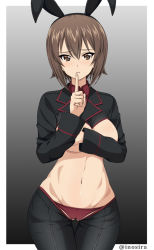 Rule 34 | 1girl, animal ears, black legwear, blush, border, breasts, brown eyes, brown hair, covering breasts, covering nipples, covering privates, cowboy shot, fake animal ears, finger to mouth, girls und panzer, gluteal fold, gradient background, grey background, highres, index finger raised, inoshira, long sleeves, looking at viewer, medium breasts, meme attire, navel, nishizumi maho, outside border, panties, purple panties, rabbit ears, reverse bunnysuit, reverse outfit, short hair, shrug (clothing), shushing, solo, stomach, thigh gap, twitter username, underwear, white border