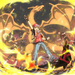 Rule 34 | 3boys, arm up, backpack, bag, baseball cap, belt, black gloves, black headwear, black wristband, boots, brown hair, charizard, clenched hand, commentary, creatures (company), fingerless gloves, fire, flame-tipped tail, game freak, gen 1 pokemon, gloves, golbat, grimer, hat, jacket, legs apart, multiple boys, nintendo, north abyssor, open mouth, pants, pants tucked in, pokemon, pokemon (creature), pokemon frlg, red (pokemon), shoes, short sleeves, standing, team rocket, team rocket grunt, team rocket uniform, tongue, white footwear, white gloves, wristband
