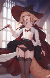 Rule 34 | 1girl, animal ear fluff, animal ears, black bra, black cloak, black hat, black panties, black skirt, black thighhighs, blonde hair, blurry, blurry background, blurry foreground, bow, bow panties, bra, cloak, collared shirt, commentary, depth of field, english commentary, feathers, feet out of frame, flat chest, fox ears, fox girl, fox tail, garter straps, hat, highres, holding, holding wand, khiara (personal ami), miniskirt, open clothes, open mouth, open shirt, original, panties, personal ami, plaid, plaid skirt, pleated skirt, red bow, red cloak, red hat, shirt, signature, skirt, solo, standing, tail, teeth, thighhighs, two-sided cloak, two-sided fabric, two-sided headwear, two-tone cloak, two-tone headwear, underwear, wand, white shirt, witch hat, yellow eyes