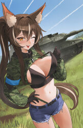 Rule 34 | 1girl, absurdres, adjusting bra, adjusting clothes, animal ear fluff, animal ears, armband, bby, bikini, black bikini, blue armband, blush, bra, breasts, brown hair, callisto (greyeth), camouflage, camouflage bikini, commission, contrail, cropped jacket, denim, denim shorts, grass, hand on own hip, highres, large breasts, leopard 2, long hair, military vehicle, motor vehicle, multicolored hair, navel, one eye closed, orange eyes, original, outdoors, ponytail, short shorts, shorts, smile, solo, streaked hair, swimsuit, tank, tongue, tongue out, underwear, very long hair