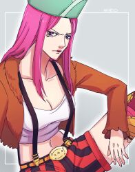 Rule 34 | 1girl, belt, commentary request, crop top, feichangkou, fur jacket, hat, highres, jacket, jewelry bonney, looking at viewer, one piece, orange belt, pink hair, purple background, purple hair, rectangle, shorts, simple background, solo, thighhighs