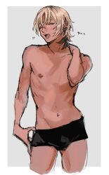 1boy absurdres ambroise_(riki0928) black_male_underwear blonde_hair bulge dark_skin highres male_focus male_underwear navel_piercing nipple_piercing original piercing riki0928 simple_background sketch sleepy standing underwear waking_up yawning