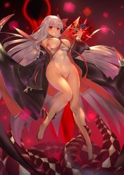 Rule 34 | 10s, 1girl, bb (fate), bb (fate) (all), bb (swimsuit mooncancer) (fate), bb (swimsuit mooncancer) (third ascension) (fate), black coat, blush, breasts, clenched hand, coat, covered navel, damage numbers, fate/extra, fate/extra ccc, fate/grand order, fate (series), gloves, grin, hair ribbon, highres, hip focus, large breasts, legs, leotard, long hair, neck ribbon, popped collar, purple eyes, purple hair, red footwear, red ribbon, ribbon, sideboob, smile, tan, teddy (khanshin), tentacles, thighs, vampire costume, very long hair, white gloves, white leotard, wings