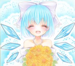 Rule 34 | 1girl, :d, alternate costume, bare shoulders, blue background, blue hair, blush, bouquet, bow, cirno, closed eyes, collarbone, doily, dress, flower, grey bow, hair bow, happy, highres, holding, holding bouquet, ice, ice wings, jewelry, necklace, off-shoulder dress, off shoulder, open mouth, pearl necklace, simple background, smile, solo, straight-on, sunflower, touhou, upper body, white dress, wings, yellow flower, yuuki hana (jtnp5334)