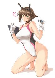 Rule 34 | 1girl, alternate costume, bare shoulders, barefoot, breasts, brown hair, competition swimsuit, gloves, green eyes, halcon, headgear, heart, highres, holding, holding pen, kantai collection, large breasts, looking at viewer, mutsu (kancolle), one-piece swimsuit, pen, short hair, simple background, smile, solo, swimsuit, thighs, white background, white gloves