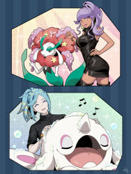 Rule 34 | 1boy, 1girl, alternate costume, ass, bare arms, black shirt, boots, border, bracelet, breasts, bubble, cetoddle, closed eyes, colored eyelashes, commentary request, covered collarbone, creatures (company), dress, earrings, eyelashes, florges, game freak, gen 6 pokemon, grusha (pokemon), hand on own hip, hand up, highres, jewelry, large breasts, latex, latex dress, lipstick, long hair, makeup, medium breasts, min (myna8247), musical note, nail polish, nintendo, pokemon, pokemon (creature), pokemon sv, purple hair, shirt, sidelocks, signature, smile, thigh boots, tulip (pokemon), washing, yellow nails