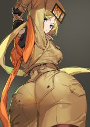 Rule 34 | 1girl, arc system works, ashiomi masato, ass, blonde hair, blue eyes, breasts, coat, dress, fingerless gloves, from behind, from below, gloves, guilty gear, guilty gear strive, hat, highres, large breasts, long hair, looking at viewer, looking back, millia rage, pantyhose, pantylines, shiny clothes, sideboob, solo, very long hair