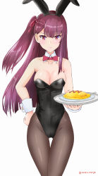 Rule 34 | 1girl, absurdres, animal ears, black leotard, black pantyhose, bow, bowtie, breasts, cleavage, commentary request, cowboy shot, detached collar, fake animal ears, food, girls&#039; frontline, half updo, highres, holding, holding plate, leotard, long hair, looking at viewer, medium breasts, omelet, omurice, pantyhose, plate, playboy bunny, purple hair, rabbit ears, rasen manga, red bow, red bowtie, red eyes, simple background, solo, standing, strapless, strapless leotard, thigh gap, wa2000 (girls&#039; frontline), white background, wrist cuffs