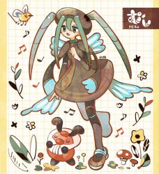 Rule 34 | 1girl, aluy01, beamed eighth notes, black pantyhose, blue wings, brown dress, brown headwear, brown necktie, bug miku (project voltage), character name, closed eyes, coattails, commentary, creatures (company), cutiefly, dress, eighth note, eyeshadow, flower, fly agaric, full body, game freak, gen 4 pokemon, gen 7 pokemon, green eyes, green hair, grid background, hand up, hatsune miku, highres, kricketot, long hair, long sleeves, makeup, mushroom, musical note, necktie, nintendo, open mouth, pantyhose, pokemon, pokemon (creature), project voltage, quarter note, solo, standing, standing on one leg, symbol-only commentary, twintails, vocaloid, wings, yellow flower