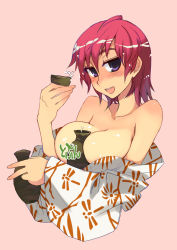 Rule 34 | 1girl, alcohol, bad id, bad pixiv id, bare shoulders, between breasts, blush, breasts, character request, cleavage, huge breasts, japanese clothes, kimono, kusanagi tonbo, large breasts, original, purple eyes, red hair, sake, short hair, simple background, smile, solo, source request, yukata
