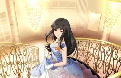 Rule 34 | 10s, 1girl, artist request, asymmetrical clothes, belt, black hair, blue dress, brown eyes, chandelier, corsage, dress, floral print, formal, from above, gloves, gown, hime cut, idolmaster, idolmaster cinderella girls, idolmaster cinderella girls starlight stage, indoors, jewelry, kurokawa chiaki, light smile, long hair, looking at viewer, necklace, official art, pendant, picture frame, railing, skirt hold, sleeveless, sleeveless dress, solo, stairs, white gloves