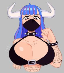 Rule 34 | 1girl, absurdres, angry, bracelet, breasts, choker, clenched hand, collar, fishnets, goth fashion, highres, horns, huge breasts, jewelry, mask, nezulet, one piece, simple background, solo, spiked bracelet, spiked collar, spikes, ulti (one piece)