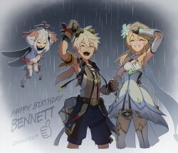 Rule 34 | 1boy, 2girls, angduuuu (ghost), belt, bennett (genshin impact), blonde hair, character name, clenched hands, closed eyes, cropped legs, dated, detached sleeves, dress, english text, genshin impact, gloves, goggles, goggles on head, grin, hair ornament, halo, happy birthday, highres, multiple girls, open mouth, outdoors, paimon (genshin impact), rain, shorts, sleeveless, smile, thighhighs, white dress, white hair