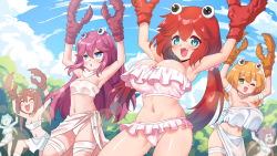 Rule 34 | &gt; &lt;, 6+girls, :d, :o, ^ ^, arm up, arthropod girl, bandaged arm, bandaged leg, bandages, bikini, blue eyes, blush, blush stickers, breasts, brown hair, choker, claws, closed eyes, cloud, commentary, crab girl, crab rave (meme), english commentary, closed eyes, fang, frilled bikini, frills, green eyes, hands up, highres, large breasts, meme, midriff, multiple girls, navel, open mouth, original, outdoors, personification, purple hair, rayno, red hair, sarong, scarf, side-tie bikini bottom, small breasts, smile, strapless, strapless bikini, sweat, swimsuit, thigh gap, tree, twintails, upper body, white bikini, white sarong