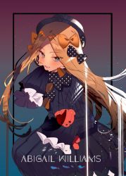 Rule 34 | 1girl, abigail williams (fate), black bow, black dress, black hat, blonde hair, blue eyes, blush, bow, breasts, character name, dress, fate (series), forehead, hair bow, hat, long hair, long sleeves, looking at viewer, multiple hair bows, open mouth, orange bow, parted bangs, polka dot, polka dot bow, sleeves past fingers, sleeves past wrists, small breasts, smile, soukou makura, stuffed animal, stuffed toy, teddy bear