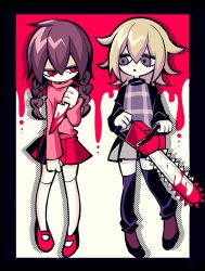 Rule 34 | 2girls, blood, blood drip, bloody weapon, border, braid, brown footwear, brown hair, commentary, flipped hair, full body, glaring, grey skirt, hatosabure, highres, holding, holding knife, knife, leg warmers, looking at another, looking to the side, madotsuki, multiple girls, parted lips, pink footwear, pink skirt, pink sweater, plaid, plaid sweater, pleated skirt, purple eyes, purple sweater, red background, red eyes, short hair, skirt, sweater, thighhighs, twin braids, two-tone background, urotsuki, weapon, white thighhighs, yellow background, yume 2kki, yume nikki